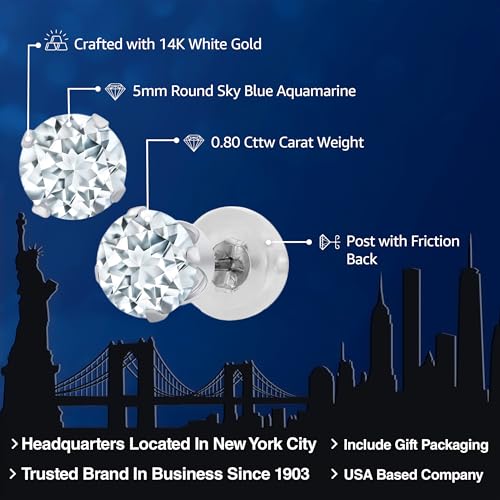 Gem Stone King 14K White Gold Sky Blue Aquamarine Stud Earrings For Women Men (0.80 Cttw, Gemstone Birthstone, Round 5MM)2