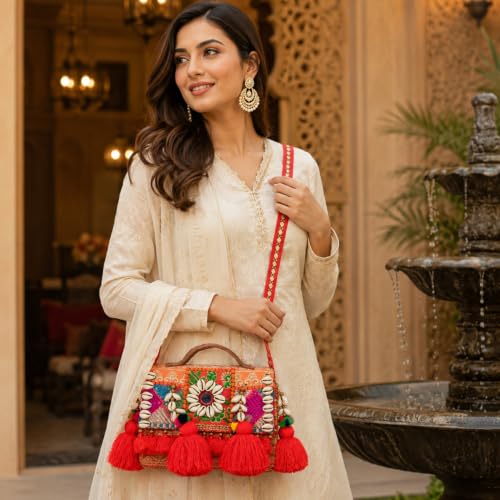 Image of MOMISY Handicraft Handmade Cotton Ethnic Rajasthani Embroidered Banjara Bags for Women Sling Clutch with Handle Purses for Ladies Girls