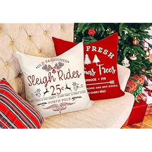 Farmhouse Christmas Pillow Covers 18×18 Set of 4 Winter Holiday Decorations Xmas Red White Rustic Throw Cushion Case for Sofa Couch Home Decor Sleigh Rides Farm Fresh Tree Cocoa Candy Canes