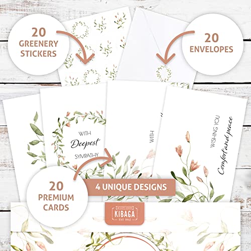 Kibaga Beautiful Sympathy Cards Set Of 20 With Envelopes And Stickers - Perfect Bulk Set To Express Your Condolences - Tasteful Watercolor Floral Assortment W/A Simple Heartfelt Note Of Condolence #TOP3
