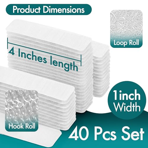 Image of (26ft x 0.75in) White Velcro Strips with Adhesive, Double Rolls of Heavy Duty Self Adhesive Tape with Backing (1in x 4in - 40 Pairs)