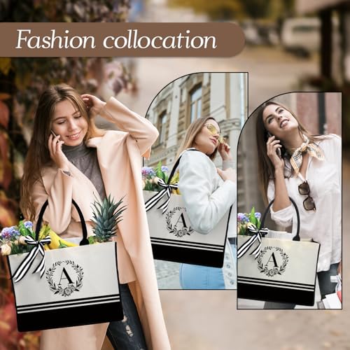 Image of Personalized Initial Canvas Tote Bags, Monogrammed Tote Bag Gifts for Women Teacher Friend for Birthday Wedding
