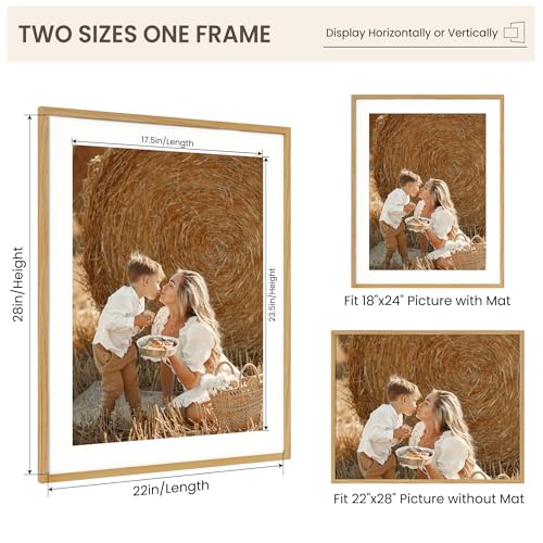 Image of FLYJOE 22x28 Oak Wood Picture Frame with Mat for 18x24, 22 by 28 USA-Sourced Natural Solid Wooden Poster Frame for Wall Display, Tempered Real Glass, Hanging Hardware Included, 1 Pack, Natural