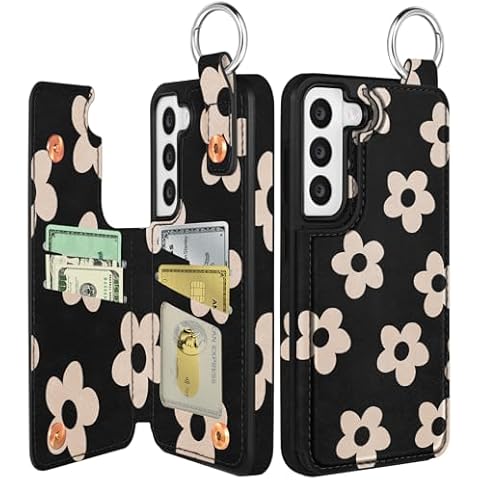 Shorogyt for Samsung S22 Wallet Case with Card Holder - Cute for Women Men Girls Designer Black Flower Pattern Kickstand Magnetic Clasp Back Flip Folio Leather Phone Cases for Galaxy S22 Cover