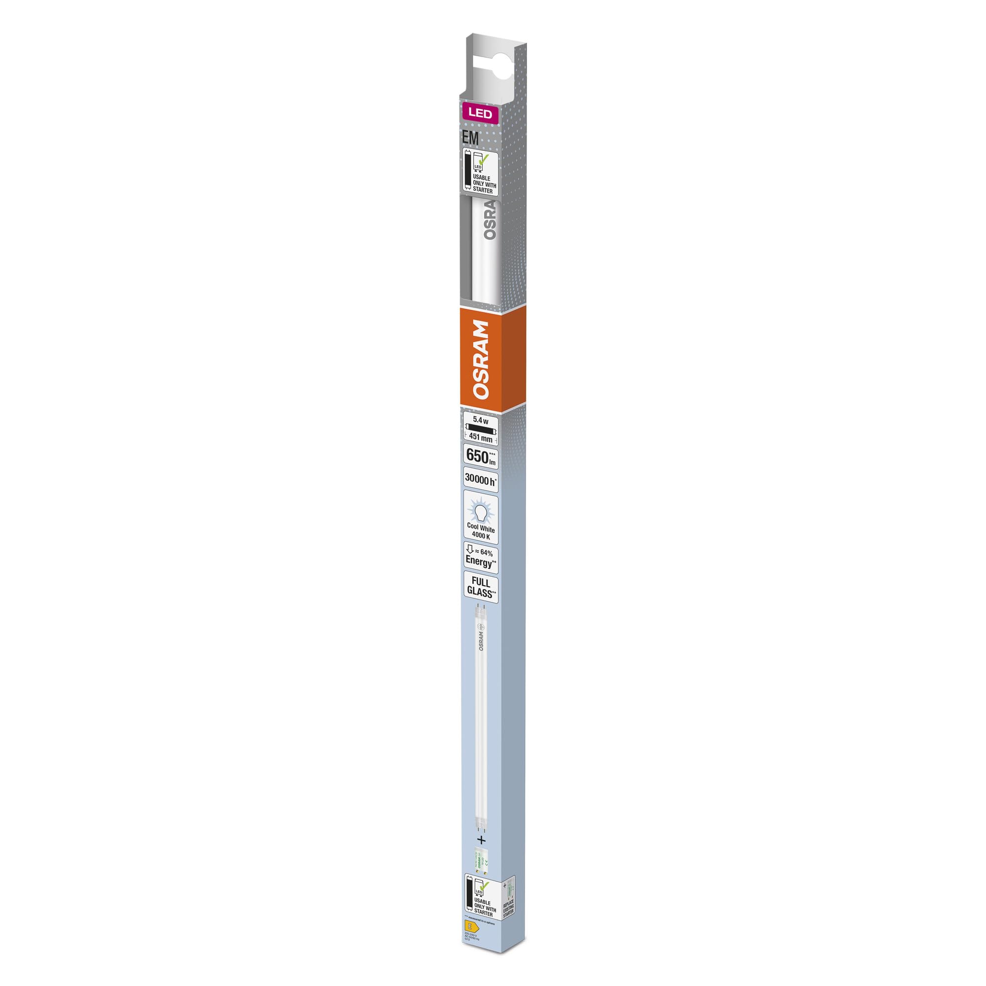 OSRAM LED TUBE T8 15 EM 438 mm, tubo LED lineare, 5.4W, 650lm, 4000K, luce bianca fredda, sostituzione LED per tubi fluorescenti T8 con attacco G13, lunga durata, basso consumo energetico