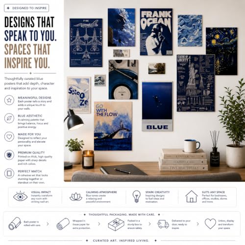 Image of 12 Piece Blue Aesthetic Poster Set | 300 GSM Multi-Sized Wall Posters with Adhesive Tape | Music, Ocean, Space & Vintage Art Prints for Bedroom, Room Decor, Home Decor, Living Room & Wall Art
