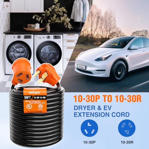 Image of Nilight 50FT EV Dryer Extension Cord 3 Prong 30 Amp NEMA 10-30P 10-30R Old Extensions Cable Heavy Duty 10 Gauge Pure Copper Wire UL Listed 125 /250V for Level 2 Using