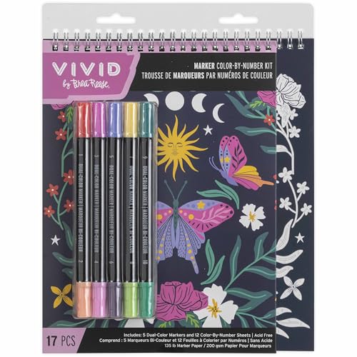 Vivid by Brea Reese: Marker Color-By-Number Kit - Whimsical Botanicals - 5 Dual-Sided Markers 12 Coloring Pages Nature-Animal Theme Spiral Art Pad