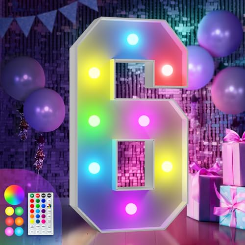 Image of Imprsv Colorful 3FT Marquee Numbers 6, 18 Colors Large Light up Numbers | RGB with Remote, Birthday Party Decorations Anniversary Wedding Decorations Assembly Required 21 Pcs Accessory Set