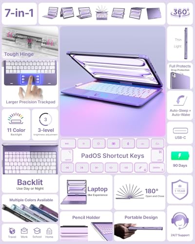 Image of typecase Touch Keyboard for iPad Pro 11 (M5 /M4) with Multi-Touch Trackpad, 11 Colors Backlit, 360 Rotatable Case, Pencil Holder- Light Purple'26 (* NOT for Pro 11 (M2), A16(11th), Air 11 (M3 /M2))