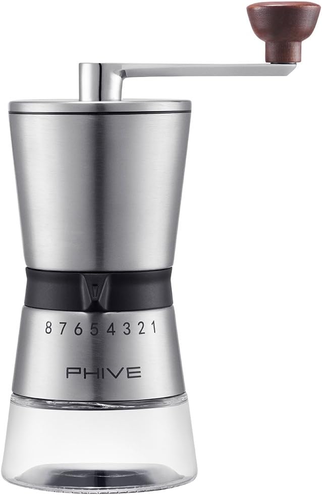 PHIVE Manual Coffee Grinder, Stainless Steel Ceramic Conical Burr Mill, 15 Coarseness Settings for Precision Brewing,Quiet and Portable