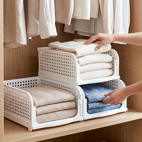 Image of VERAT 3 Pieces Storage and Organisers /Wardrobe Organizer Storage /Plastic Wardrobe /Cloth Adjustable for Foldable /Clothes Organizer Foldable Shirt /Almirah /Cupboard /Cupboard Stackbale Clothes(White)