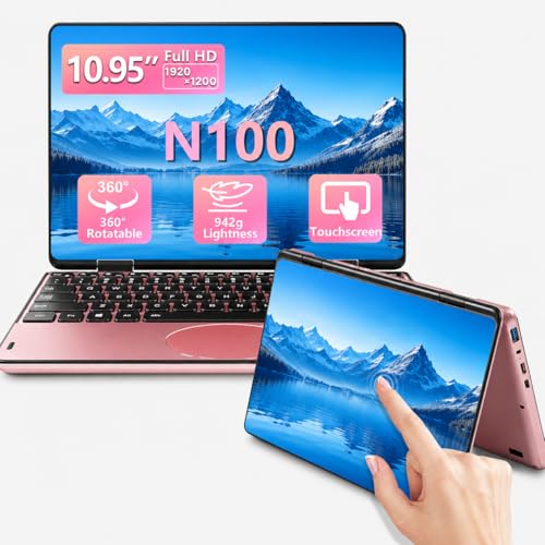 BINHENGLON 11 Inch 2 in 1 Laptop, 360° Touchscreen Convertible Laptop,Celeron N100 (Up to 3.4GHz), 16GB DDR4, 1920x1200 IPS, Backlit Keyboard, Side Power Button(Rose Gold, 16GB+512GB SSD)