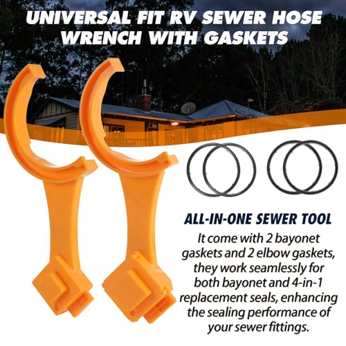 Image of TonGass (2 Pack Universal Fit RV Sewer Hose Wrench with Gaskets(2 Bayonet+2 Elbow) - Multi-Tool Fit Most 3-Inch & 4-Inch Male /Female RV Sewer Cap - Connect and Disconnect Sewer Hose Fitting - Orange