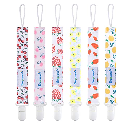 Image of Smlpuame Pacifier Clip Girl,6 Pack Stylish Binky Clips Strap for Baby Girls,Paci Holder with Clip Lightweight Universal Fits Most Pacifiers Teether Toy Teething Ring Soothie,Baby Gift(Flower & Fruit)