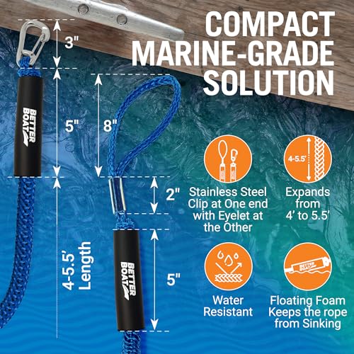 Image of Better Boat Blue Marine Grade Bungee Dock Lines, 2 Pieces, Stainless Steel, 4ft-5.5ft, Elastic Cords & S-Hooks