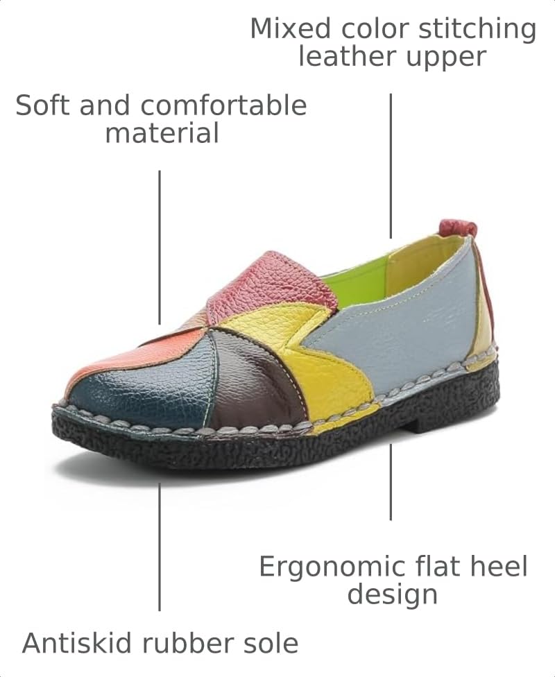 Image of Trsorini Women Leather Loafers Slip-on Casual Flat Shoes | Soft sole comfortable slip on flats,multi color stitching design,driving walking casual daily dress occasions wear