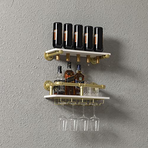 Waki Home Industrial Wall Mounted Wine Rack, Wine Bottle Stemware Glass Rack, Floating Wood Shelf Pipe Hanging Shelving With Glass Holders For Wine Glasses, Flutes, Mugs, Home Décor, Kitchen, Bar #TOP6