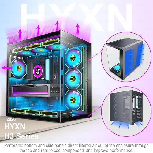 Image of H1 HYXN PC Case, Pre-Installed 7 Infinity Mirror PWM ARGB Fans, ATX Mid Tower Computer Case, Gaming PC Case with Type-C, 270 Full View Tempered Glass, 3X 360mm Radiator Support, Black