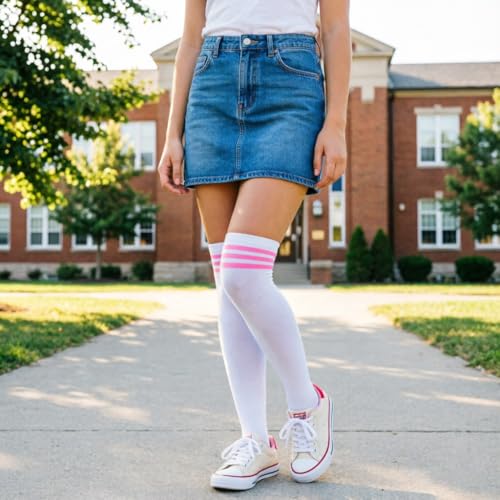 Image of DRESHOW 6 Pairs High Thigh Socks Striped Over Knee Thin Tights Long Stocking for Women Leg Warmer