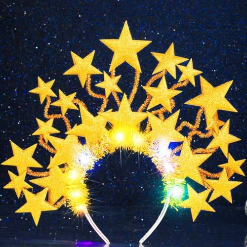 Zoestar Leuchtende sterren-halo-kroon, hoofdband, LED-sterren, godin, hoofdbanden, lichtgevende carnavals-rave-hoofdbedekking, sprankelend, feestkostuum, haarsieraad voor dames (goud