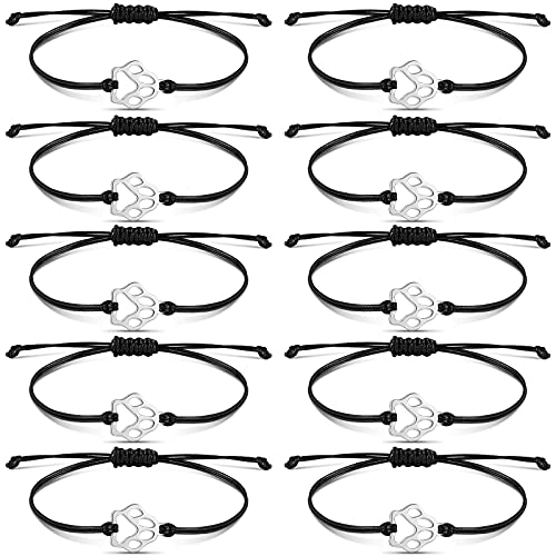 10 Pcs Paw Print Bracelet Bulk Vet Tech Gift for Women Men Handmade Adjustable String Stainless Steel Dog Cat Party Favor