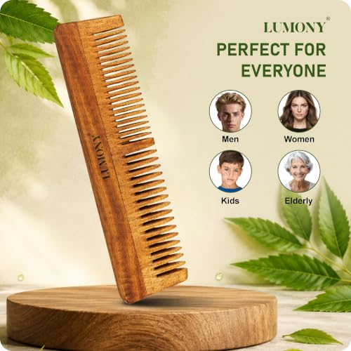Image of LUMONY Neem Wooden Comb | Soaked In 17 Ayurvedic Herbs Neem & Sesame Oil For Multi-Actions - | Anti-Hair Fall, Dandruff | Frizz Control & Shine Suited For All Hair Types Men & Women (Dual Tooth)