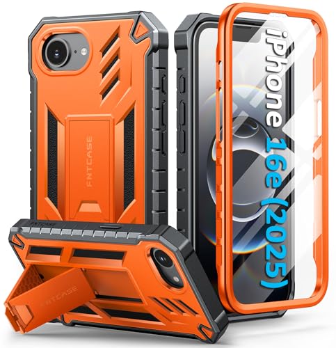 FNTCASE for iPhone 16e Phone Case: Military Grade [Built-in Screen Protector] [Kickstand] Matte Textured Drop Proof Protection Cover | Rugged Shockproof TPU Protective Sturdy Cases 2025 - Orange