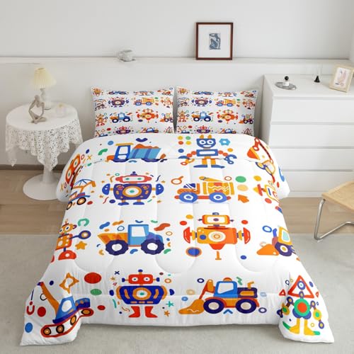 Image of Feelyou Cute Robots Bedding Set Kids Boys Girls Truck Tractor Excavator Comforter Set Toddler Size Watercolor Machine Equipment Duvet Insert Colorful Kawaii Room Decor,Blue Yellow