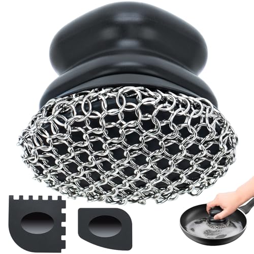 Cast Iron Scrubber with Scraper, Palm 316 Cast Iron Cleaner Chainmail Scrubber with Ergonomic Grip, for Griddles,Grill Pan Skillet Wok Carbon Steel, Oven Metal Brush Cleaning Kit