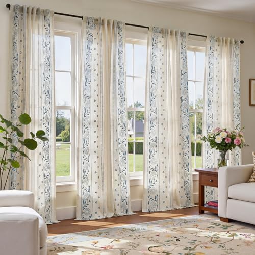 Image of jinchan Blue Floral Linen Curtains for Living Room 84 inch Back Tab 4 Panels