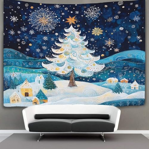 Tapisserie arbre et flocons de neige 180x230cm suspendue