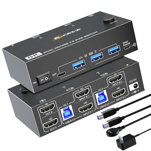 NAWEN 8K HDMI KVM Switch 2 Monitors 2 Computers Dual Monitor Support 8K@60Hz 4K@120Hz, Dual Monitor KVM Switch HDMI 2 Port and 4 USB3.0 Devices,Wired Remote and 12V Power Adapter Included
