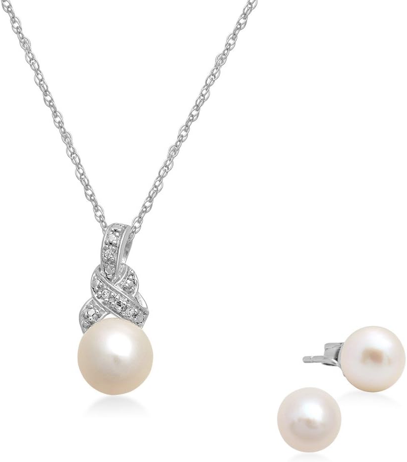 Jewelili Sterling Silver Cultured Pearl with Cr. White Sapphire Pendant Necklace and Stud Earrings Box Set