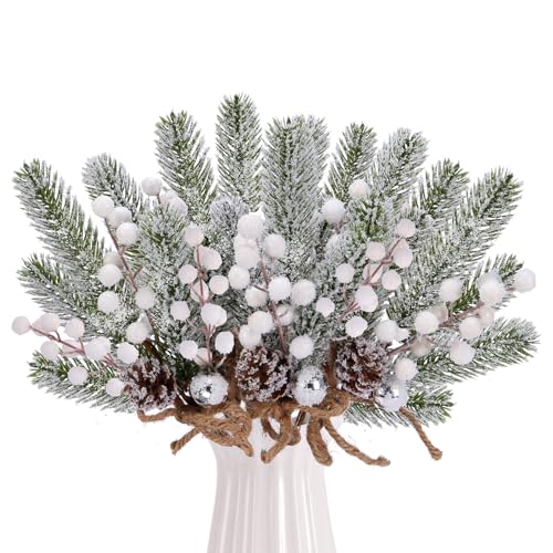 6 Pack 14Inch Artificial Christmas Snow Frosted Berries Pine Picks