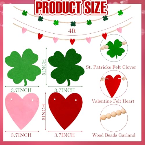 Image of 2 Pcs Valentine's Day St. Patrick's Day Wood Bead Garland Valentine's Day Felt Heart Banner St. Patrick Day Shamrock Banner Garland for Mantle Fireplace Room Valentine St. Patrick's Hanging Decor