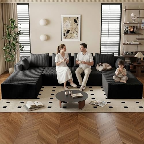 Image of 142 inch Cloud Sectional Boneless Couches for Living Room, Modular U Shaped Couch with 2 Chaise, Modern Comfy Deep Seat Corduroy Memory Foam Compressed Sofa for Apartment, Black