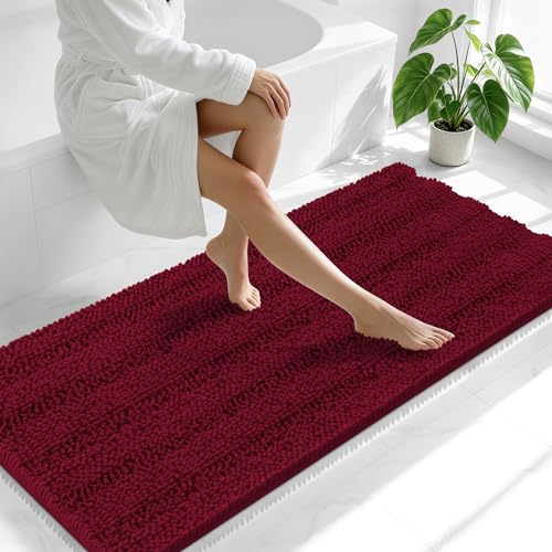 Image of Smiry Thick Chenille Bathroom Runner Rugs 59x24, Absorbent Striped Bath Mat, Machine Washable, Rubber Backing, Extra Long Bath Rugs for Tub & Shower, Modern Home Decor Accessories, Burgundy
