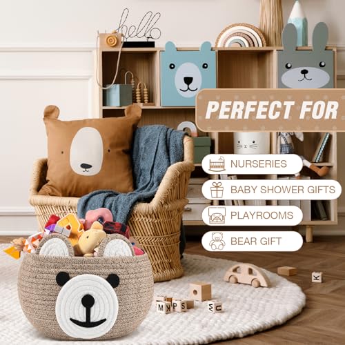 Image of Zopeal Bear Basket Baby Gift Basket for Nursery with Gift Bags and Ribbons, Cotton Rope Woven Organizer for Baby Shower, Living Room Bathroom Decor,10.5 inch D x 8.5 inch H(Brown)