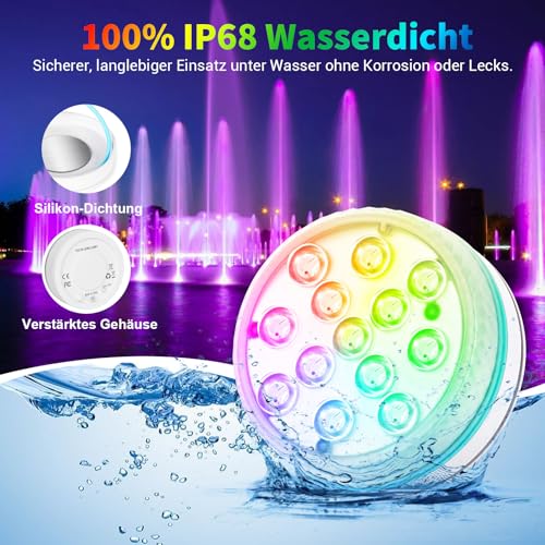 Vankarr Poolbeleuchtung Unterwasser Licht Pool Magnetisch LED Poollicht mit Fernbedienung IP68 LED Wasserdicht für Pool Teich Aquarium Beleuchtung, 4 Stück