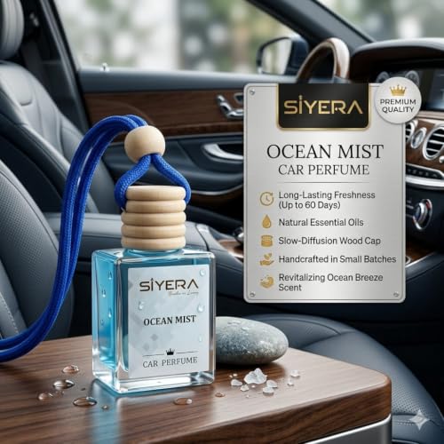 Image of SiYERA Premium Car Perfume Hanging Pod | 10ML | Ocean Mist Fragrance Car Air Freshener | Natural Essential Oils in Glass Bottle with Wooden Diffuser Lid | Lasts Up to 45 Days