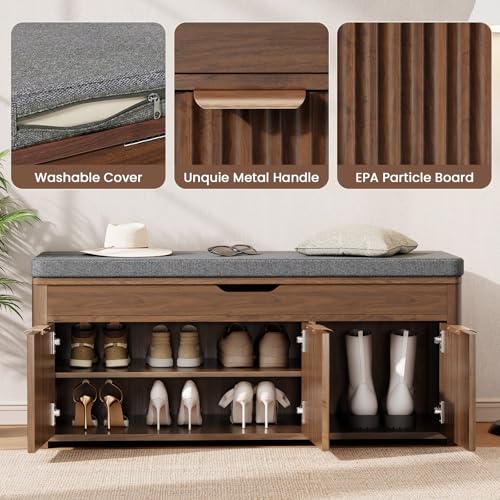 374-W-Shoe-Bench-with-Storage-Lift-Top-Entryway-Bench-Walnut-2-Tier-Adjustable-Shoe-Rack-with-Cushioned-Seat-Hidden-Storage-Wooden-End-of-Bed-Bench-for-Bedroom-Living-Room-Hallway