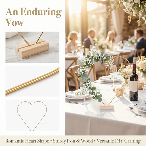 Image of jojofuny 10 Sets Heart Shaped Floral Hoop Centerpiece with Wooden Stand, 9.8 inch x 10.6 inch Metal Wreath Rings, Gold Heart Wire Hoops for Wedding Table Decorations, DIY Dream Catcher Craft Kit