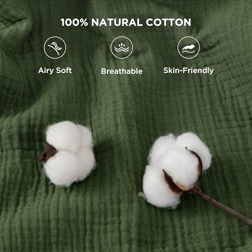 Bedsure 100% Cotton Muslin Throw Blanket Twin XL for Bed - 4-Layer Breathable and Lightweight Thin Soft Summer Gauze Muslin Blankets for Adults, Olive Green, 66x90 Inches
