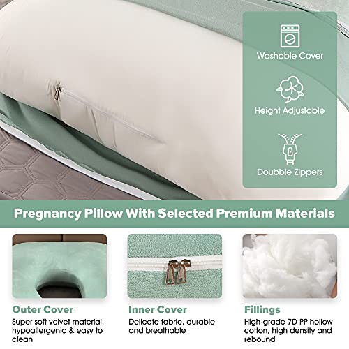 Image of Elover Pregnancy Pillow U-Shaped Full Body Maternity Support Pillow for Pregnant Women with Replaceable and Washable Velvet Cover Size 60 inch (Green, Velvet)