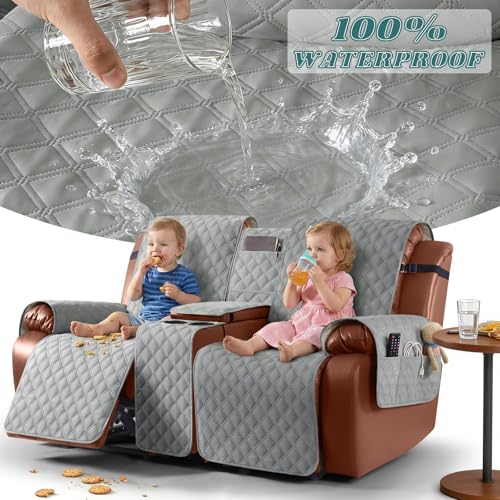 Image of Ruaozz Waterproof Loveseat Recliner Cover with Console Non-Slip Reclining Couch Covers Split Sofa Slipcovers with Elastic Straps Furniture Protector for Kids, Dogs, Pets (Light Grey, 2 Seater)