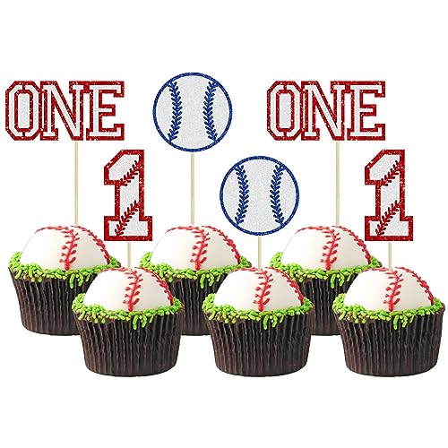 Gyufise 24Pcs Baseball 1st Birthday Cupcake Toppers Red
