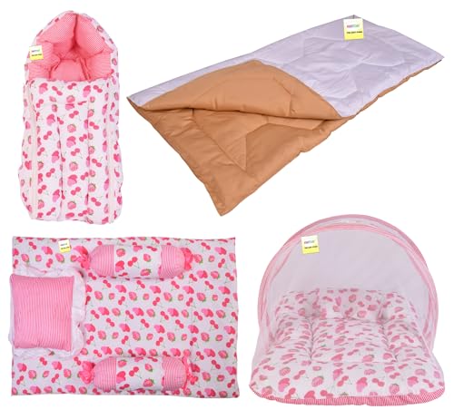 Image of Kwitchy New Born Bedding Combo of Baby Mattress with Net | Gaddi Set | Comforter (0-6 Months) Pink (4PCS Set)