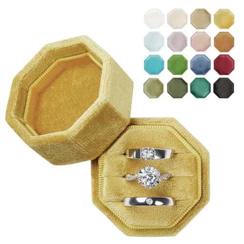 Vacfulliven Octagonal Velvet Ring Box, 3 Slots (Yellow Mustard)