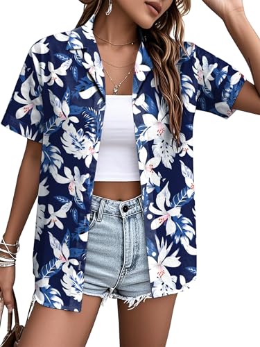 VVNTY Hawaii Hemd Damen Floral Button Down Bluse Shirt Frauen Sommer Strand Party Kurzarm Hawaiihemd (Mehrfarbig5 L)